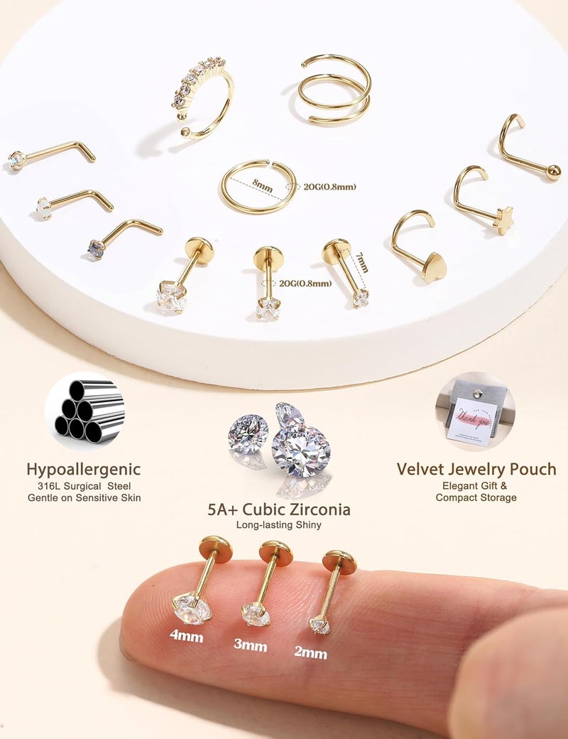 JeryWe Nose Rings for Women - 14K Gold Filled Hypoallergenic Surgical Steel Nose Ring Hoops CZ Lip Ring Screw L Shaped Studs Threadless Flat Back Stud Nose Piercings Jewelry for Women Men - Image 2